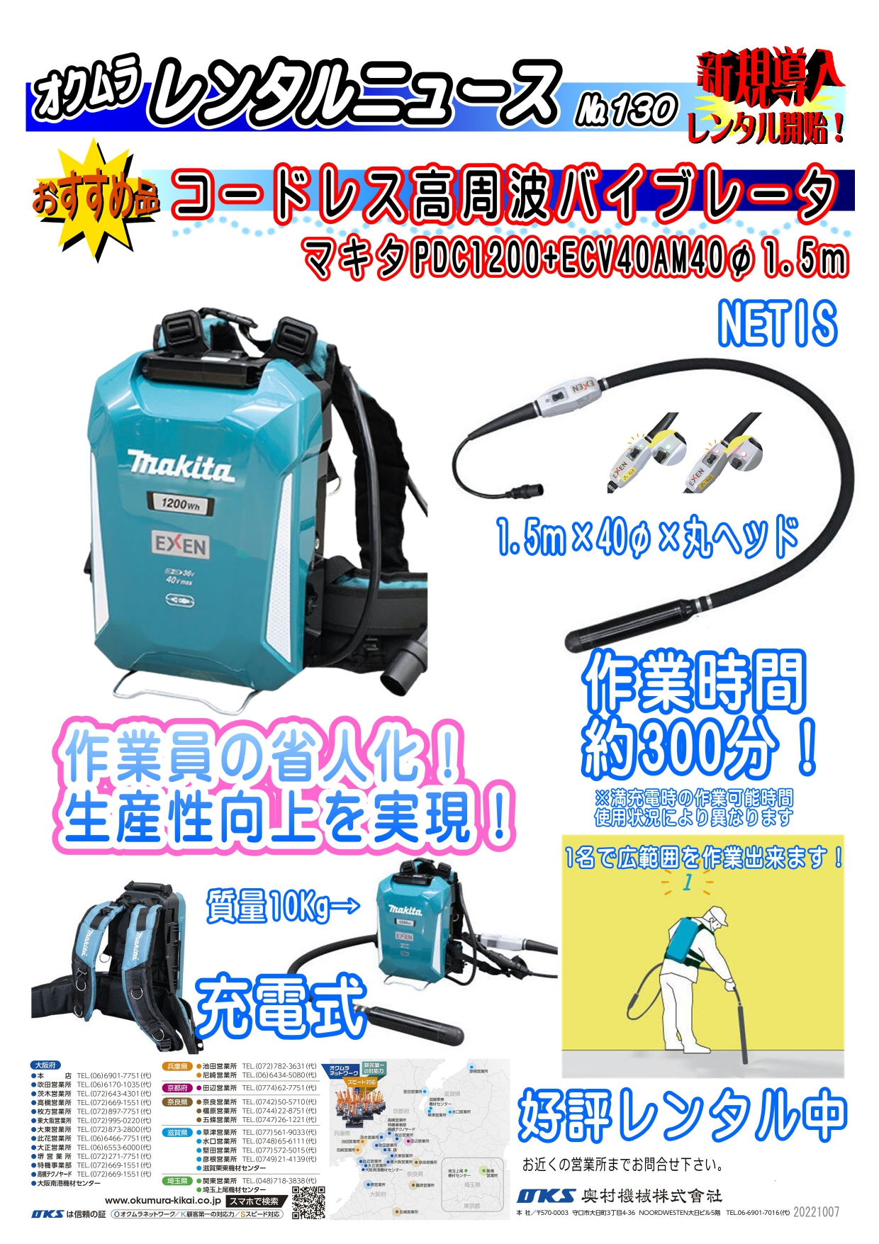 新規導入！コードレス高周波バイブレーター！makita PDC1200電源ユニット・40φフレキ